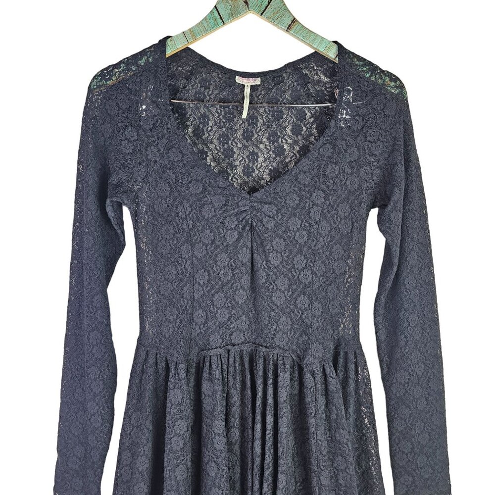 Intimately Free People Sheer Full Lace Assymetrical Hem Long Sleeve Skater Dress - Picture 4 of 9